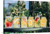 Immerse yourself in the refreshing allure of our latest art print, capturing a vibrant array of infused waters, elegantly presented in classic mason jars. Each jar is a visual symphony of fruits and herbs, from the invigorating red hues of strawberries to the serene green tones of mint leaves, offering not just a visual feast but an imaginative journey to sun-drenched afternoons of relaxation and renewal. 