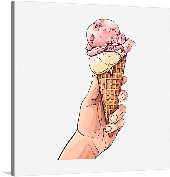 Indulge in the sweet allure of this exquisite artwork, a print that captures the ephemeral beauty of a delightful ice cream cone, held delicately in hand. 