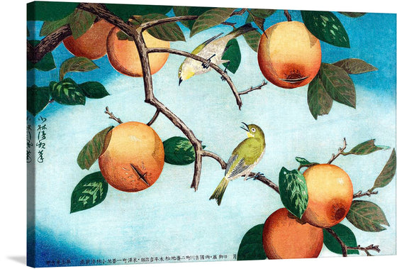 Immerse yourself in the serene beauty of nature with this exquisite print, “Persimmons and White-Eyes” by Kobayashi Kiyochika. The artwork captures a tranquil scene where two delicate birds perch amidst branches laden with lush, ripe oranges. Every brushstroke brings to life the vibrant hues and intricate details, immersing you in a world where nature’s simplicity meets artistic elegance. 