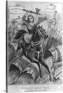  “Woman’s Holy War. Grand Charge on the Enemy’s Works” invites you into a world where courage clashes with vice. This striking artwork, created by Currier and Ives, captures a pivotal moment in the nineteenth-century crusade for temperance and prohibition. In this allegorical scene, women—clad in armor and wielding battle-axes—lead a charge against barrels labeled ‘Rum’, ‘Whisky’, ‘Gin’, and ‘Brandy’. 