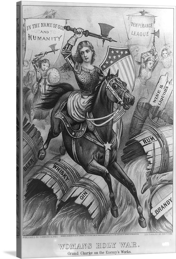 “Woman’s Holy War. Grand Charge on the Enemy’s Works” invites you into a world where courage clashes with vice. This striking artwork, created by Currier and Ives, captures a pivotal moment in the nineteenth-century crusade for temperance and prohibition. In this allegorical scene, women—clad in armor and wielding battle-axes—lead a charge against barrels labeled ‘Rum’, ‘Whisky’, ‘Gin’, and ‘Brandy’. 