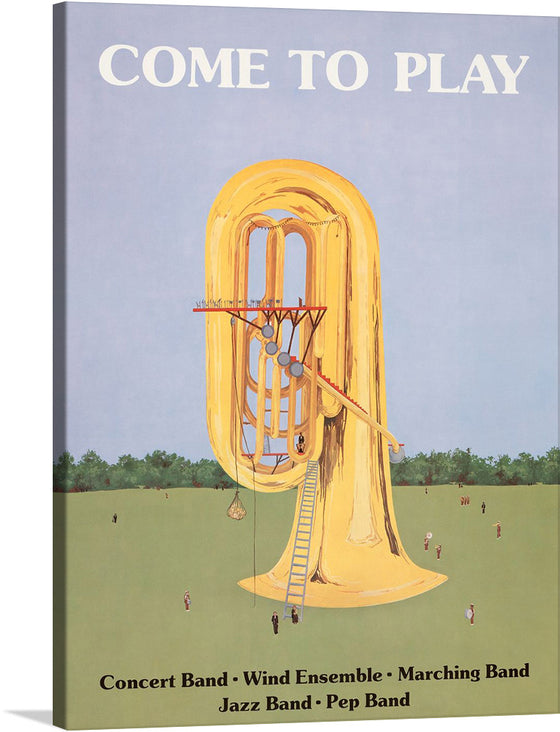 “Giant Tuba” is a whimsical print that captures the joy of music in a playful, larger-than-life depiction. The artwork features a colossal tuba set against a serene backdrop of blue sky and green grass. The tuba is not just an instrument here, but a playground for tiny people who are seen climbing up a ladder to the mouthpiece.