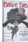 This print is a reproduction of a vintage poster for the musical production “Bright Eyes”. The poster, predominantly in black and white, features a woman with an oversized black hat on her head. 