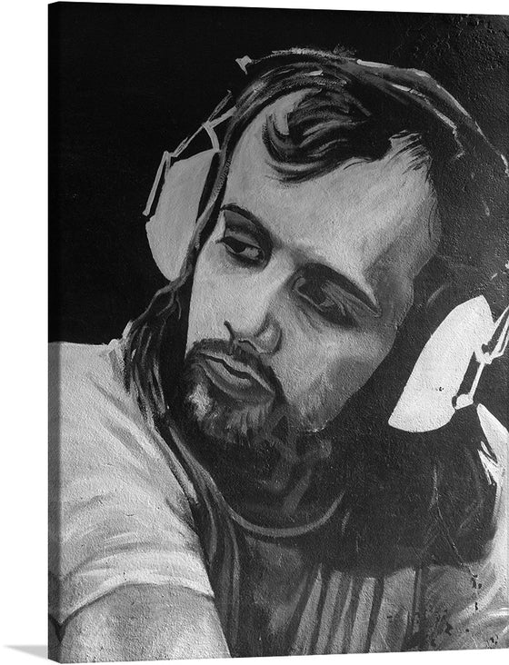 “Street Art In Belfast - John Peel The Famous DJ” invites you to traverse the vibrant streets of Belfast, where art and history collide. This striking monochromatic print captures the legendary DJ, John Peel, in an electrifying moment. 