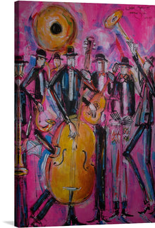  “Musicos de Jazz Latino” is a stunning piece of art that captures the soul-stirring energy of a live performance, where musicians, adorned in elegant attire, lose themselves in the passionate embrace of melody and harmony. The artwork depicts several musicians playing different instruments, including trumpets and drums, on an opulent terrace adorned with classical architecture including columns and statues. The musicians are dressed in classical attire and appear to be elongated and stylized. 