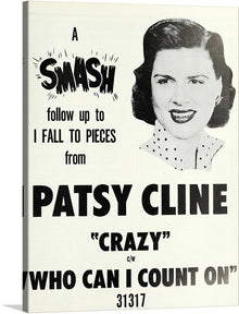  Immerse yourself in the nostalgic aura of this exclusive print, featuring a vintage advertisement for Patsy Cline’s iconic song “Crazy”. Although the face is obscured, adding an element of mystery and intrigue, the bold typography and classic design elements transport you back to an era where music spun on vinyl and every note told a story. 