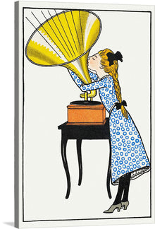  Step back in time with this charming artwork titled “O, Caruso!”. This print captures the whimsical essence of a bygone era, featuring a young lady, adorned in a polka-dotted dress, entranced by the golden melodies emanating from an antique gramophone. Every detail, from her braided hair to the intricate design of the gramophone, is rendered with exquisite precision.