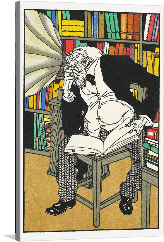 “The Dialectician (Der Diaektforscher)” by Moriz Jung invites you into the contemplative realm of intellectual pursuit. In this captivating color lithograph from 1911, an aged scholar sits engrossed in a profound book, surrounded by a library of colorful tomes. The intricate details—the textured attire, the expressive posture—breathe life into the scene.
