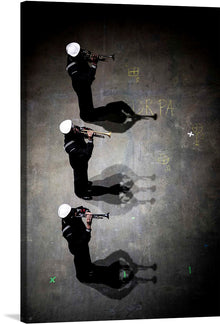  Dive into the soul-stirring world of “U.S. Sailors assigned to the U.S. Navy Fleet Forces Band.” Against a mysterious chalkboard-like backdrop, three sailors stand tall, their trumpets poised like silver swords. Their white hats and dark uniforms echo tradition, while their shadows dance in harmony with the notes they play.