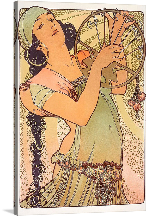 Alphonse Mucha's "Salome" is an iconic Art Nouveau masterpiece that captures the alluring and enigmatic beauty of the biblical figure. Created in 1897, the painting depicts Salome, the princess of Judea, standing seductively against a backdrop of swirling patterns and vibrant colors. 