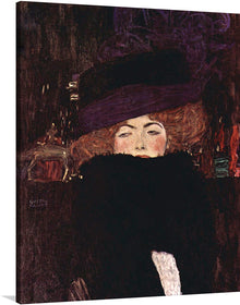  This mesmerizing artwork depicts a woman of captivating beauty, her face obscured by a broad-brimmed hat adorned with a swirling plume of feathers. Her sensual lips and enigmatic gaze hint at a hidden world of desires and emotions, while her elaborate gown, adorned with shimmering patterns and flowing lines, exudes an air of sophistication and refinement.