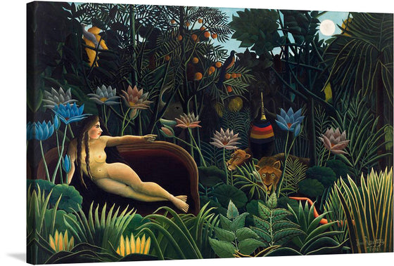 “The Dream” by Henri Rousseau is a mesmerizing portal into a realm where reality and imagination entwine. Created in 1910, this iconic masterpiece invites viewers to wander through a lush, otherworldly jungle. At its heart lies Yadwigha, Rousseau’s Polish mistress, reclining naked on a divan—an almost surreal portrait. Around her, a symphony of flora and fauna unfolds: lotus flowers, birds, monkeys, an elephant, a lion, and a sinuous snake.