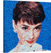 This stunning mosaic print of Audrey Hepburn's face on a blue background is a captivating and mesmerizing work of art. The artist has used a variety of different colored and textured tiles to create a portrait that is both realistic and ethereal.