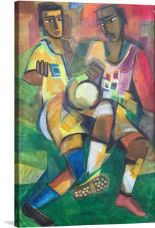  “The Football” is a vibrant print that captures the passion and energy of soccer. The artwork features two figures, their bodies a blend of geometric shapes and bold colors, engaged in the sport. The use of green, yellow, and red hues against a backdrop of abstract forms creates a sense of depth and dynamism. 