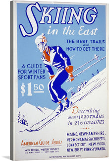  “Skiing in the East” is a captivating artwork that transports you to the serene and exhilarating slopes of the Eastern United States. With its vintage charm, this print encapsulates the thrill of skiing amidst picturesque landscapes. The bold typography, classic illustration style, and a palette that mirrors the crisp winter atmosphere make it a timeless piece. It’s not just art; it’s an experience—a nostalgic journey to when skiing was a newfound joy.