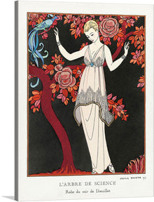  “L’Arbre de science: Robe du soir de Doeuillet” by George Barbier is a stunning piece of art that captures the essence of elegance and grace. The artwork features an elegant figure adorned in a detailed evening gown designed by Doeuillet, standing next to a stylized tree trunk that extends upwards, surrounded by blossoms.