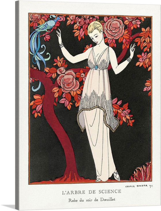 “L’Arbre de science: Robe du soir de Doeuillet” by George Barbier is a stunning piece of art that captures the essence of elegance and grace. The artwork features an elegant figure adorned in a detailed evening gown designed by Doeuillet, standing next to a stylized tree trunk that extends upwards, surrounded by blossoms.