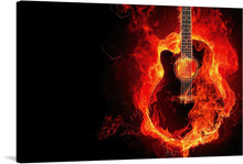  Ignite your space with raw passion and musical intensity. This captivating print features an acoustic guitar, its wooden body ablaze in vibrant orange flames. Set against a pitch-black canvas, the guitar becomes a symbol of both destruction and creation. 