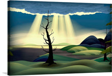  Immerse yourself in the serene beauty of this exquisite artwork, a print that encapsulates the silent yet profound dance between light and darkness. A lone, barren tree stands resilient amidst undulating hills, its stark silhouette a testament to enduring grace. As ominous clouds loom overhead, divine rays of light pierce through, illuminating the landscape with an ethereal glow. 