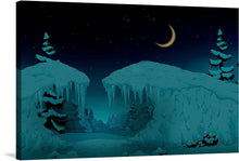  Immerse yourself in the serene beauty of a mystical winter night with this enchanting artwork. The print captures a tranquil scene where icy cliffs, adorned with silhouetted pine trees, frame a path leading into the enigmatic distance. A crescent moon casts its gentle glow upon the snowy landscape, illuminating the intricate icicles that dangle like nature’s own artistry. 