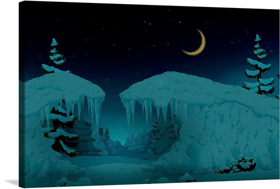 Immerse yourself in the serene beauty of a mystical winter night with this enchanting artwork. The print captures a tranquil scene where icy cliffs, adorned with silhouetted pine trees, frame a path leading into the enigmatic distance. A crescent moon casts its gentle glow upon the snowy landscape, illuminating the intricate icicles that dangle like nature’s own artistry. 