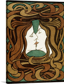  “The Kiss” is a color woodcut print created by Peter Behrens in 1898. The artwork depicts two figures kissing each other, with the background consisting of a floral pattern. The print was made during Behrens’ early and most committed adherence to Jugendstil, a German version of Art Nouveau. 