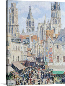  Step into a world where history and vibrancy collide, with this exquisite print of a classic artwork. The piece captures the bustling atmosphere of a market square nestled amidst the grandeur of towering cathedrals. Every brushstroke brings to life the energy of daily commerce, as townsfolk engage in trade and conversation. 