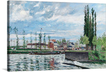  This print is titled “The Lock at Pontoise”, by Camille Pissarro. It beautifully captures a peaceful riverside scene under a partly cloudy sky. The calm waters flow gently, reflecting the sky and surrounding scenery. A row of quaint houses sits along the riverbank, rendered in soft colors and exhibiting classic architectural designs. Various trees, including tall poplars, contrast beautifully against the sky and architectural elements.