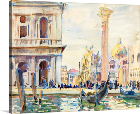 “The Piazzetta” is a watercolor painting created by John Singer Sargent in 1904. The artwork depicts a close-up view of the mooring place in front of the Old Library in Venice, with a glimpse of the column of St Mark in the mid-distance. 