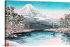 “Mt. Fuji from Tagonoura” is a captivating artwork that transports you to a serene winter scene in Japan. The iconic Mt. Fuji stands majestically in the background, its snow-capped peak contrasting beautifully against the soft hues of the sky at dusk. In the foreground, a tranquil body of water reflects the mountain’s grandeur, while traditional boats rest quietly along its shores. 