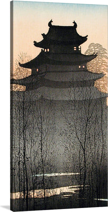  Immerse yourself in the serene beauty of this exquisite print, “Nagoya Castle.” The artwork captures an enchanting scene of a traditional Asian pagoda, its silhouette standing majestically against the soft hues of the twilight sky. The intricate branches of bare trees in the foreground and the faintly visible mountainous shape behind the pagoda add depth to the scene, creating an atmosphere of serenity and peacefulness.