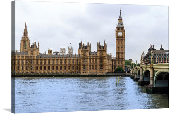 “Big Ben: A Symbol of London” invites you to wander into the grandeur of this iconic city. In this exquisite print, the majestic Big Ben stands tall, its intricate details etched against the tranquil backdrop of the River Thames. The Houses of Parliament stretch alongside, their Gothic architecture adorned with countless windows and spires. The overcast sky adds a touch of drama, casting soft light upon these historic structures. 