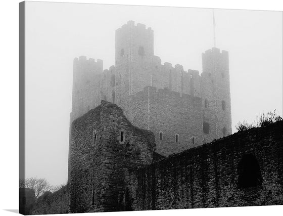 Immerse yourself in the enigmatic allure of this captivating print, where the stoic presence of an ancient castle emerges through a haunting mist. Every stone and turret is imbued with centuries of history, inviting viewers into a world where the past lingers in every shadow. Rendered in striking monochrome tones, this artwork captures the essence of timeless majesty and mystery.