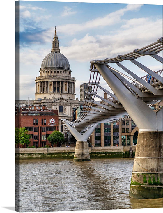 This exquisite print captures the iconic St. Paul’s Cathedral in all its grandeur, set against a backdrop of a partly cloudy sky that paints a serene atmosphere. The majestic dome of the cathedral stands as a testament to architectural brilliance, while the Millennium Bridge in the foreground adds a modern contrast. The calm waters of the River Thames reflect the elegant structures, offering viewers an immersive experience of London’s historic and contemporary blend.