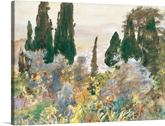 “Granada” by John Singer Sargent is a stunning watercolor painting that captures the essence of nature and landscape in a way that is both ethereal and enchanting. The painting features a beautiful impressionistic landscape scene with towering dark green trees that stand prominently against a lighter background. 