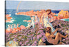 This exquisite artwork captures a serene and mystical moment by the sea, where figures are gracefully adorned in flowing garments, basking under the radiant sun. The vibrant hues of the rocky landscape, kissed by the golden sunlight, contrast beautifully with the azure waters that dance with life. A rainbow arches gracefully in the distance, adding an ethereal touch to this mesmerizing scene.