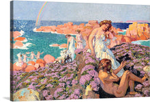  This exquisite artwork captures a serene and mystical moment by the sea, where figures are gracefully adorned in flowing garments, basking under the radiant sun. The vibrant hues of the rocky landscape, kissed by the golden sunlight, contrast beautifully with the azure waters that dance with life. A rainbow arches gracefully in the distance, adding an ethereal touch to this mesmerizing scene.