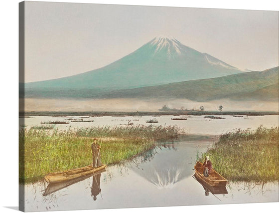 “Mount Fuji as Seen from Kashiwabara”, a hand-colored albumen silver print by the Japanese photographer Kazumasa Ogawa, transports viewers to a serene moment in time. Captured in 1897, this ethereal composition showcases the iconic Mount Fuji rising majestically against a backdrop of rolling hills and tranquil waters. 