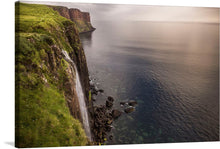  “Isle of Skye Waterfall, Scotland” is a captivating print that beautifully captures the serene beauty of the Isle of Skye. This artwork encapsulates a majestic waterfall cascading down rugged cliffs into the tranquil sea below. The lush greenery adorning the cliffs and the misty horizon where sea meets sky invoke a sense of peaceful solitude and awe.