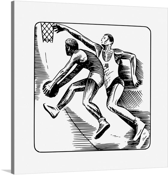 This striking black and white illustration captures the essence of basketball in motion. Two players, suspended mid-air, engage in a dance of skill and determination. The bold contrast and dynamic lines evoke the intensity of the game—the leap for the ball, the defensive stance. 