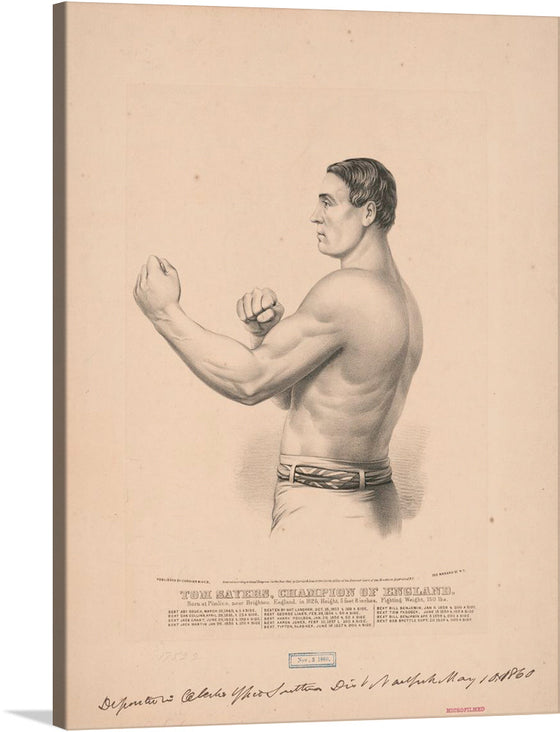 “Champion of England” invites you to step into the world of classic pugilism. This exquisite print immortalizes Tom Sayers, one of England’s most celebrated boxers. Every meticulously crafted line and curve captures the raw power and elegance that defined his legacy. Shirtless and poised, Sayers stands ready, fists clenched—the embodiment of determination and skill. His muscular form tells tales of intense training and epic battles. 