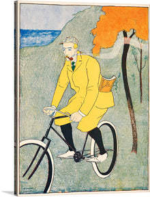  Immerse yourself in the nostalgic allure of this exquisite artwork, a print that captures the essence of a bygone era. A figure, adorned in a vibrant yellow coat, gracefully pedals through a serene landscape. The juxtaposition of the bold attire against the tranquil backdrop of muted greens and blues evokes a sense of timeless elegance.