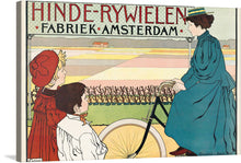  “Hinde-Rijwielen Fabriek Amsterdam” is a charming print that takes you back in time. It captures a woman, adorned in classic attire, gracefully riding her bicycle, evoking a sense of nostalgia and timeless beauty. The backdrop features an idyllic landscape, where nature and civilization coexist harmoniously. 