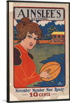 “Ainslee’s November” beckons you into a bygone era, where elegance and intrigue intertwine. This vintage magazine cover, painted in 1910 by an unknown artist, captures a moment of timeless allure. Against a sky-blue backdrop, a woman in a crimson dress cradles a football—a curious juxtaposition of femininity and athleticism.