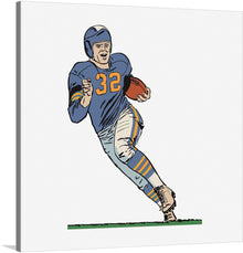  This vibrant print captures the essence of a football player in action. The dynamic illustration showcases a player sprinting across a green field, clutching a football in their right hand.