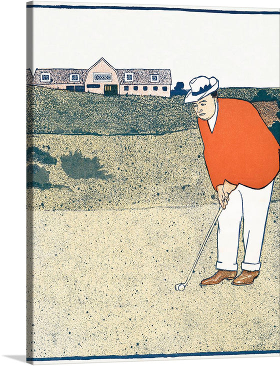 Immerse yourself in the serene world of golf with this exquisite print, capturing a golfer poised and ready to make his swing. The artwork, characterized by its minimalist yet expressive style, uses a harmonious blend of textures and muted tones to evoke a sense of calm focus. The distant clubhouse, rendered with delicate lines and details, stands as a silent witness to the golfer’s solitary pursuit of perfection. 