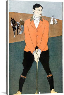  This artwork captures a golfer, adorned in traditional attire, poised to swing at a golf ball. The scene is set against a backdrop of other individuals engaged in various activities, creating a lively atmosphere. The bold typography and vintage illustration capture the essence of a bygone era of golf.