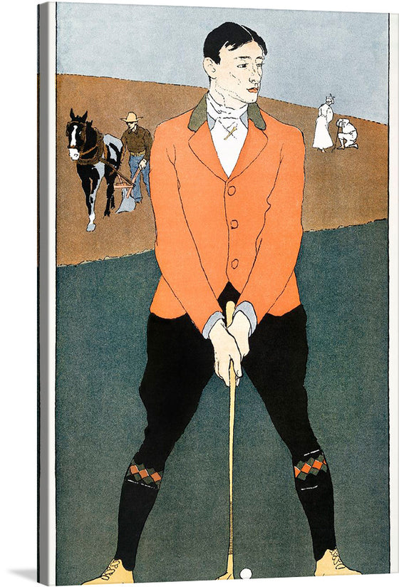 This artwork captures a golfer, adorned in traditional attire, poised to swing at a golf ball. The scene is set against a backdrop of other individuals engaged in various activities, creating a lively atmosphere. The bold typography and vintage illustration capture the essence of a bygone era of golf.