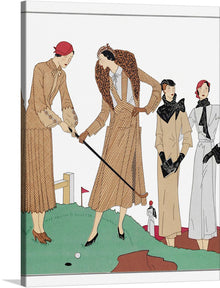  Step back in time to a bygone era of glamour with this vintage illustration of women playing golf. Four friends, dressed in stylish 1920s attire, gather on a lush green course, their colorful cloche hats and knee-length dresses a vibrant contrast to the serene landscape. 