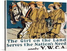  “The Girl on the Land Serves the Nation’s Need (1918)” by Edward Penfield is a captivating glimpse into a pivotal moment in history. In this exquisite print, three figures stand united, their faces obscured—a testament to collective strength and unwavering spirit. The central figure holds the reins of a horse, symbolizing resilience and determination. 